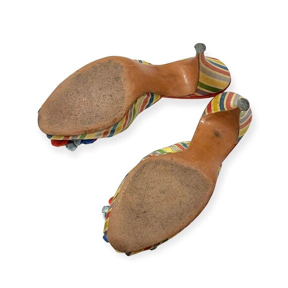 Vintage Schiaparelli Rainbow Satin Heels –1950s 60s Mules with Ribbon Rosette, - Picture 9 of 16